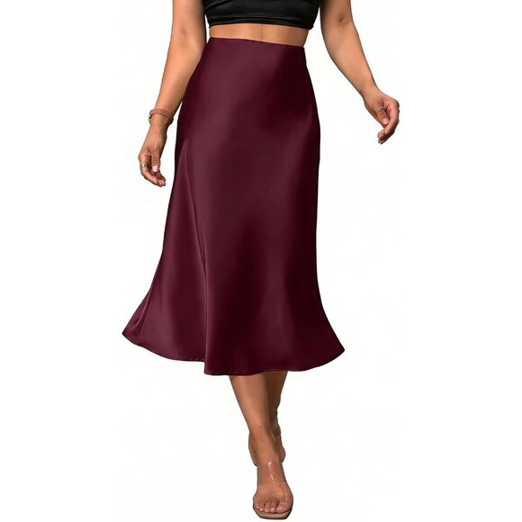 Women Red Violet Satin Elegant Fishtail Silk A Line Casual luxurious Midi Skirt